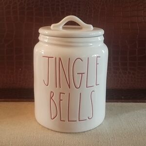 Rae Dunn Jingle Bells Ceramic Canister. White with Red LL. VHTF.